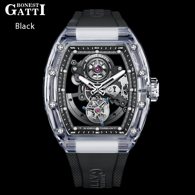 BONEST GATTI Tourbillon K9 Crystal Transparent Case Tonneau watch Skeleton Movement  Watch Fluororubber Strap BG7001