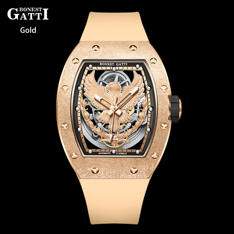 BONEST GATTI Tonneau Shaped Angel Wing theme frosted gold finishing Case Men's Automatic Mechanical Watch Luminous GB5002