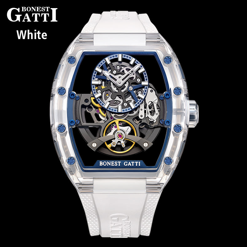 BONEST GATTI Barrel shaped K9 Crystal case Skeleton Movement Fluororubber Strap Watch Luminous BG9960
