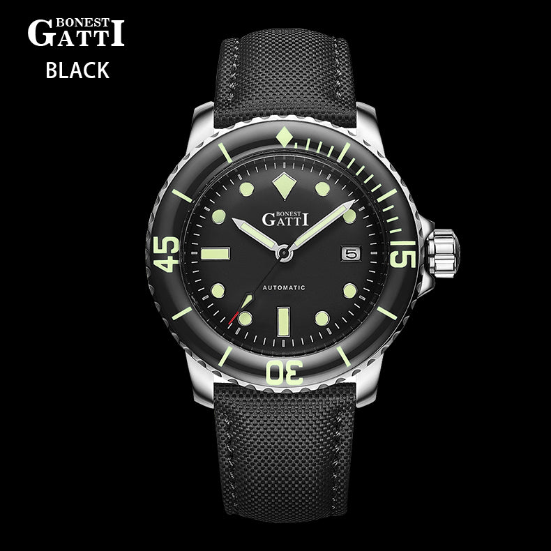 BONEST GATTI Automatic Movement Round Shaped dive DIVING watch 316L Case Bubble arched Sapphire Crystal ROTATING CHRONOGRAPH BEZEL Canvas strap 3ATM Waterproof Luminous BG8002