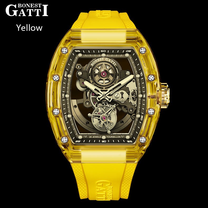 BONEST GATTI Tourbillon K9 Crystal Transparent Case Tonneau watch Skeleton Movement  Watch Fluororubber Strap BG7001