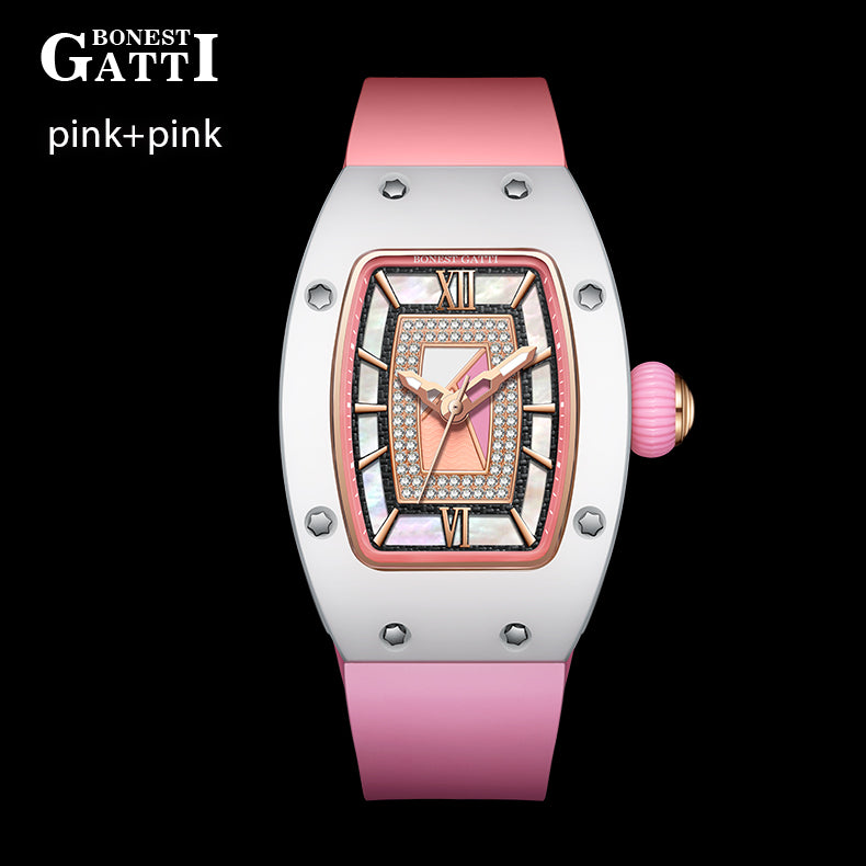 BONEST GATTI Ceramic Case Mother-of-pearl 80 Zirconia Stones Dial Women's Mechanical Watch Luxury Brand Sapphire Rubber Glass Ladies Automatic Waterproof Girl Wristwatch BG9906-L