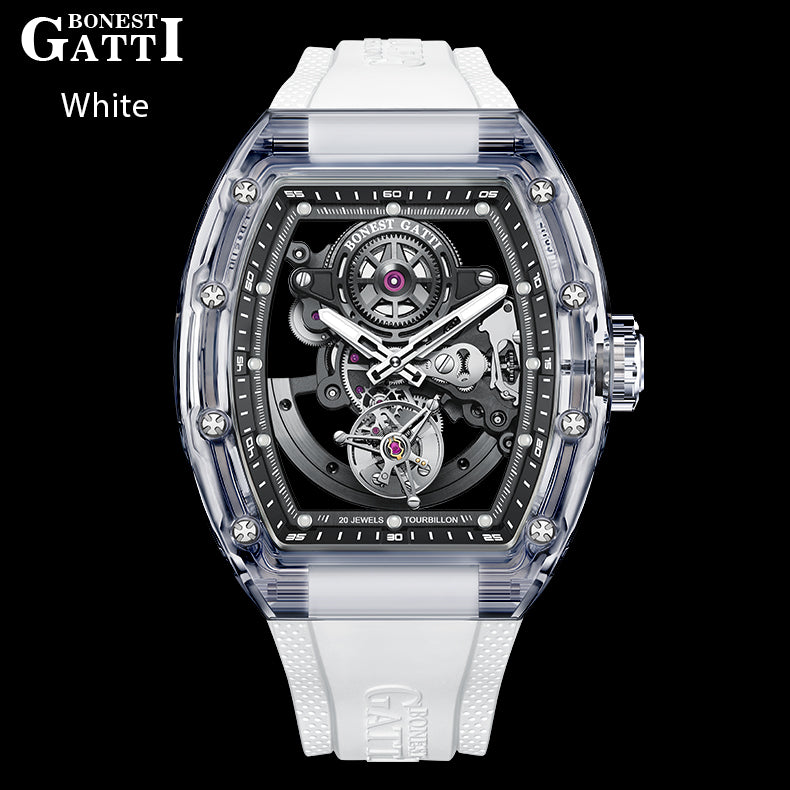 BONEST GATTI Tourbillon K9 Crystal Transparent Case Tonneau watch Skeleton Movement  Watch Fluororubber Strap BG7001