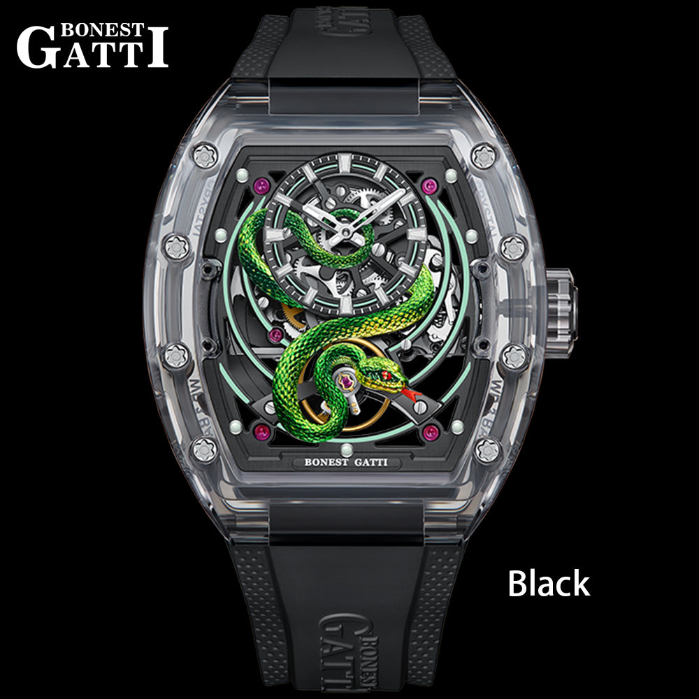 BONEST GATTI Transparent Tonneau Case 3D Snake Dial Skeleton Movement Fluororubber Strap Watch Luminous BG6004