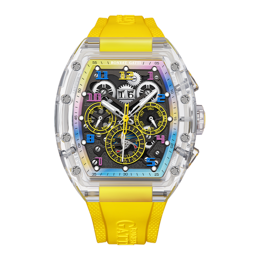 BONEST GATTI Barrel shaped Skeleton Movement K9 Crystal Case Fluororubber Strap Watch Luminous BG9920