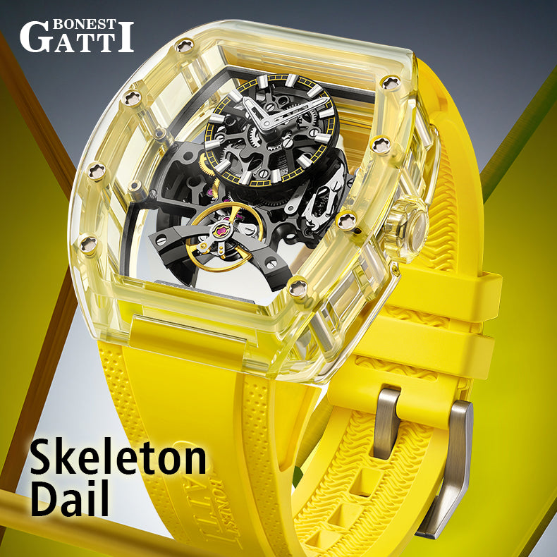 BONEST GATTI Barrel shaped K9 Crystal case Skeleton Movement Fluororubber Strap Watch Luminous BG9960