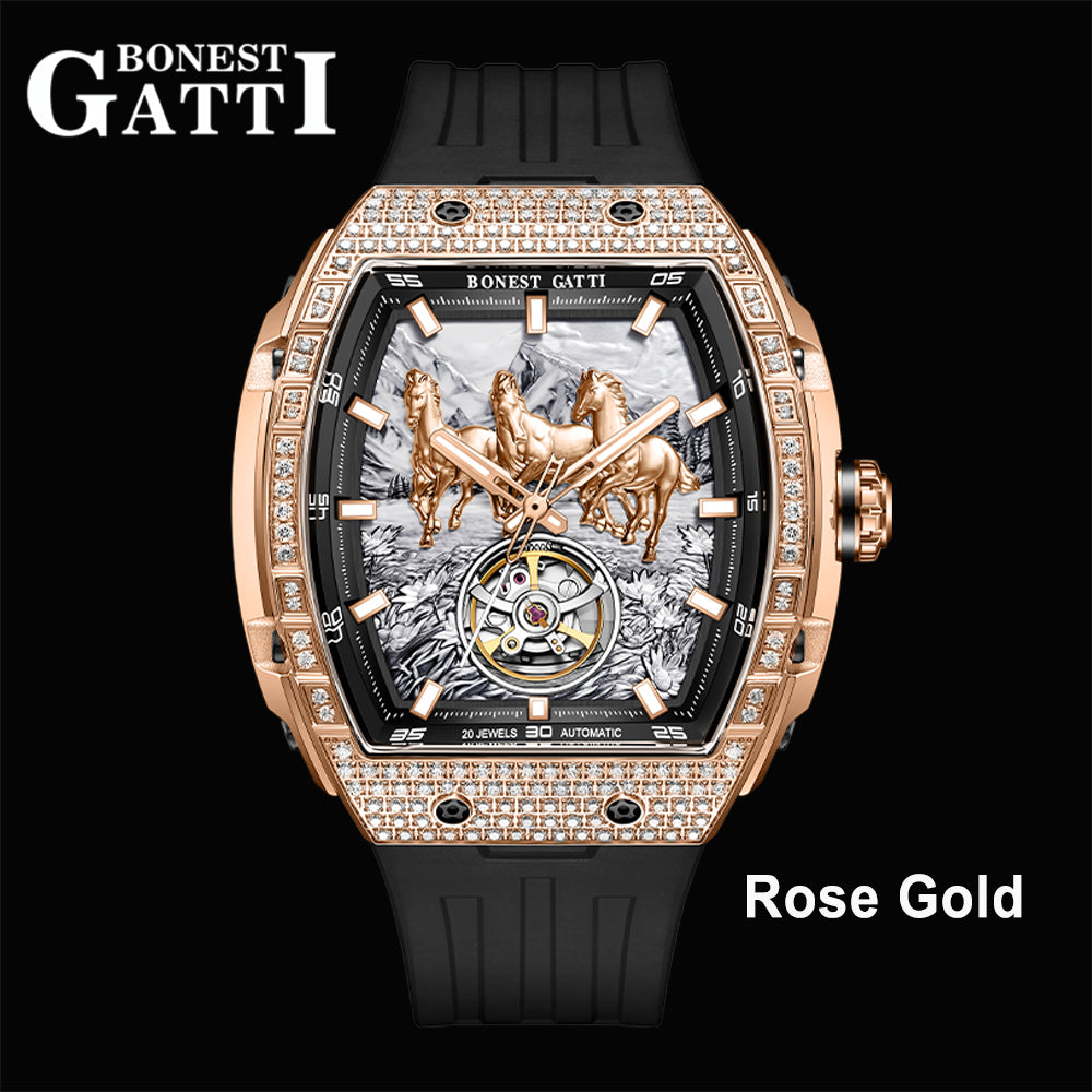 BONEST GATTI Horse Automatic Tonneau Men Watch Zircon Bezel Skeleton Self Wind Movement Sapphire Crystal Luminous Watch BG5006