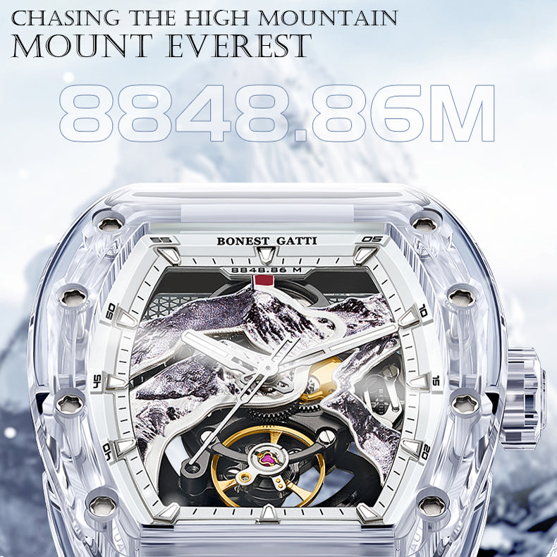 BONEST GATTI Crystal Case 3D MOUNTAIN MOUNTEVEREST Tonneau shaped Skeleton Movement K9 Crystal Case Fluororubber Strap Watch Luminous GB6001