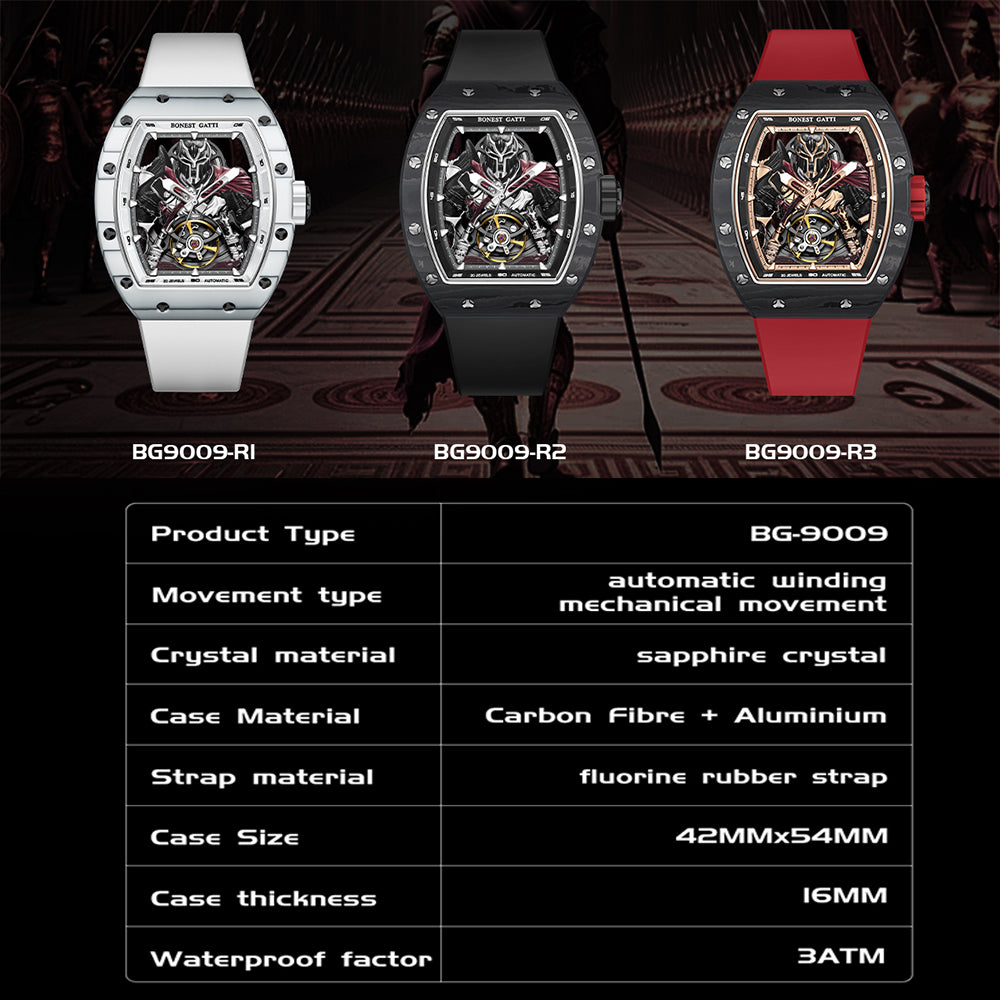 BONEST GATTI Automatic Tonneau Watch Spartan Warrior Series Carbon Fiber Skeleton Self Wind Movement Sapphire Crystal Luminous Watch BG9009