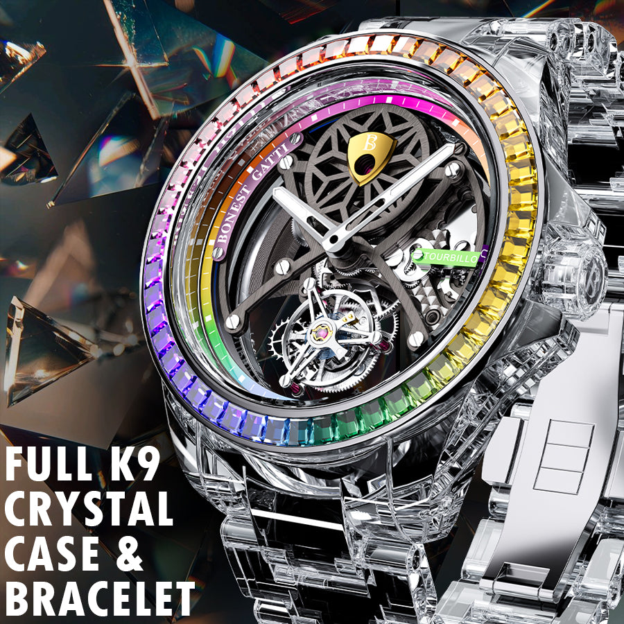 BONEST GATTI Automatic Tourbillon Movement transparent K9 cryatal Case Skeleton Dial Sapphire Crystal Rainbow Bezel K9 CRYATL Bracelet 3ATM Waterproof Luminous BG7002
