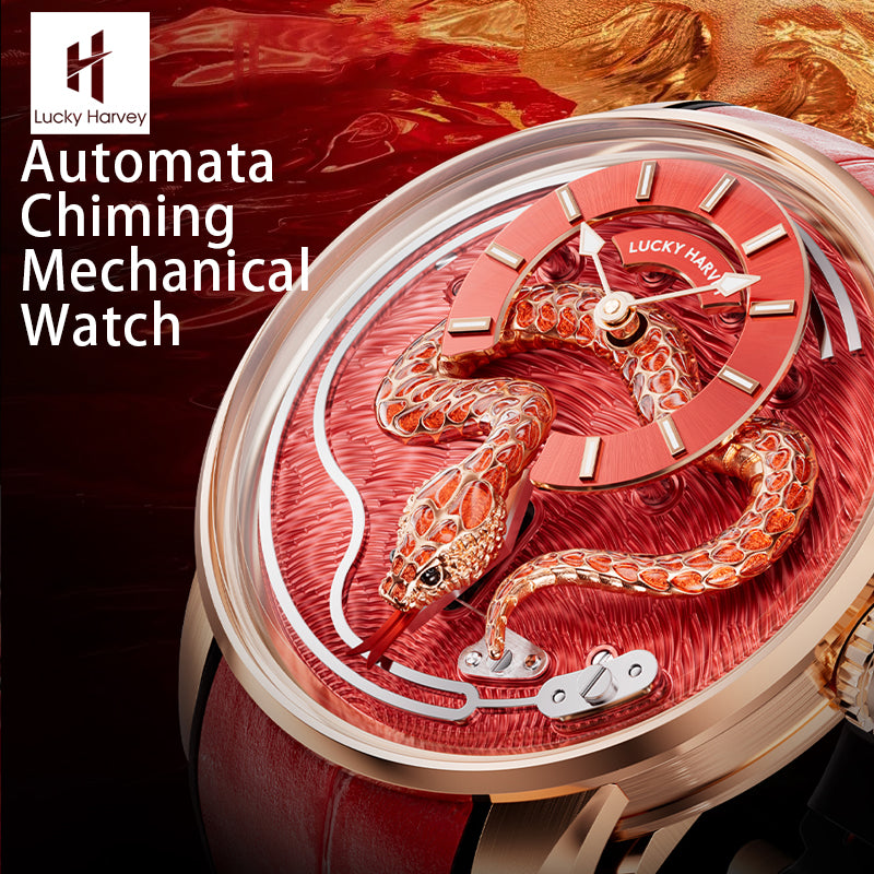 Lucky Harvey 2025 Red Enamel Snake Limited Edition Automata Chiming Mechanical New Watch for year of snake