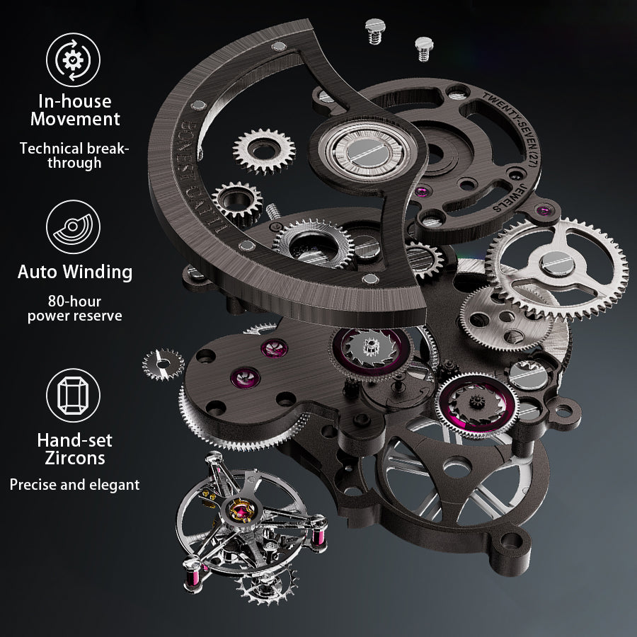 BONEST GATTI Automatic Tourbillon Movement transparent K9 cryatal Case Skeleton Dial Sapphire Crystal Rainbow Bezel K9 CRYATL Bracelet 3ATM Waterproof Luminous BG7002