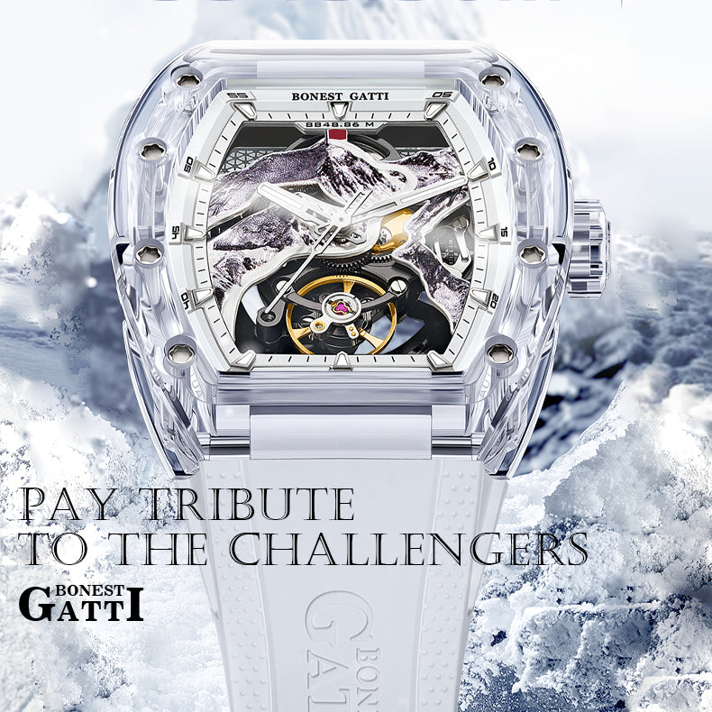 BONEST GATTI Crystal Case 3D MOUNTAIN MOUNTEVEREST Tonneau shaped Skeleton Movement K9 Crystal Case Fluororubber Strap Watch Luminous GB6001