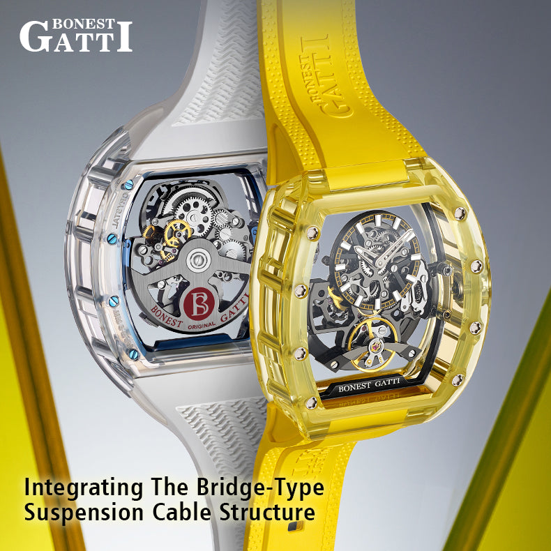 BONEST GATTI Barrel shaped Skeleton Movement Synthetic Sapphire Fluororubber Strap Watch Luminous BG9960