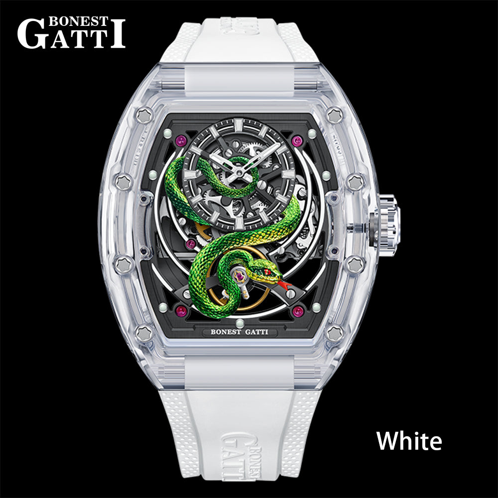 BONEST GATTI Transparent Tonneau Case 3D Snake Dial Skeleton Movement Fluororubber Strap Watch Luminous BG6004