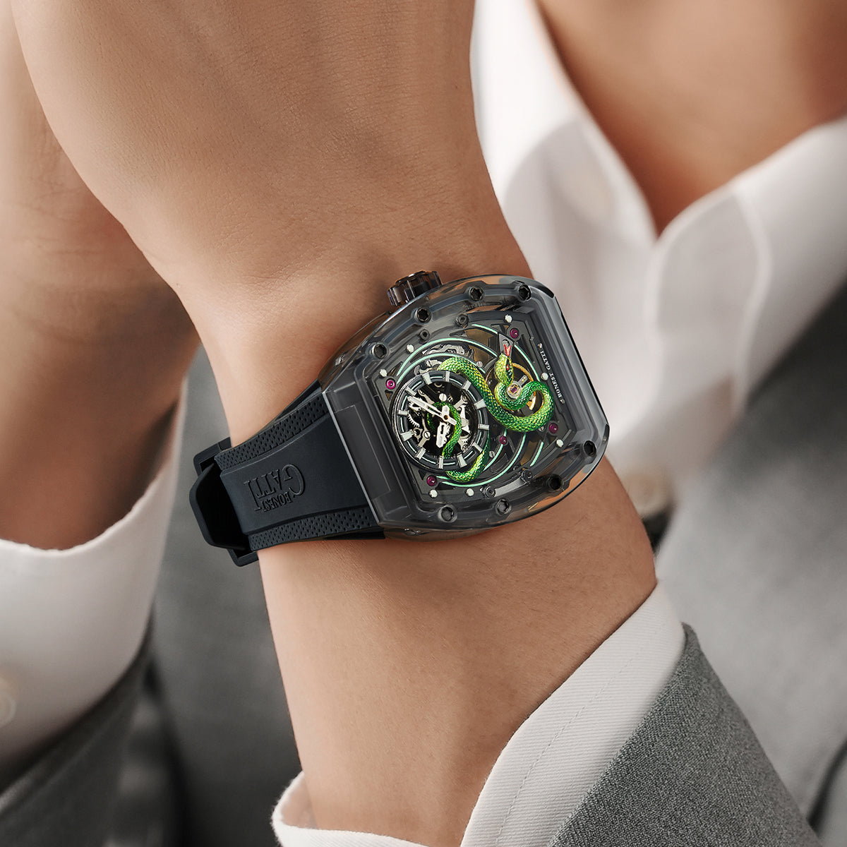 BONEST GATTI Transparent Tonneau Case 3D Snake Dial Skeleton Movement Fluororubber Strap Watch Luminous BG6004