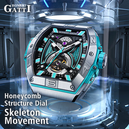 BONEST GATTI  361L Case Barrel shaped watch Skeleton Movement Crystal Sapphire Watch BG5701