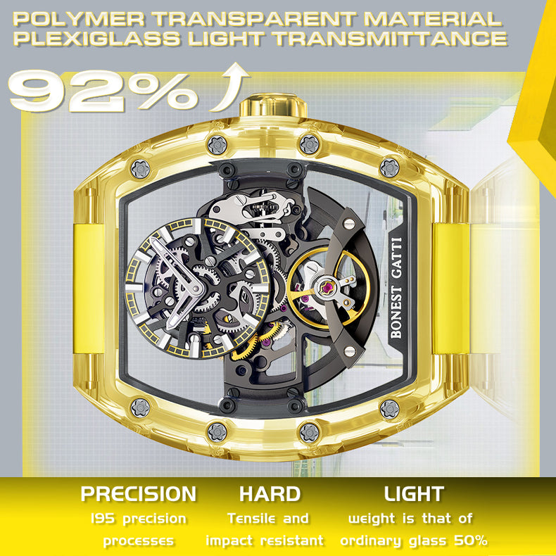 BONEST GATTI Barrel shaped Skeleton Movement Synthetic Sapphire Fluororubber Strap Watch Luminous BG9960