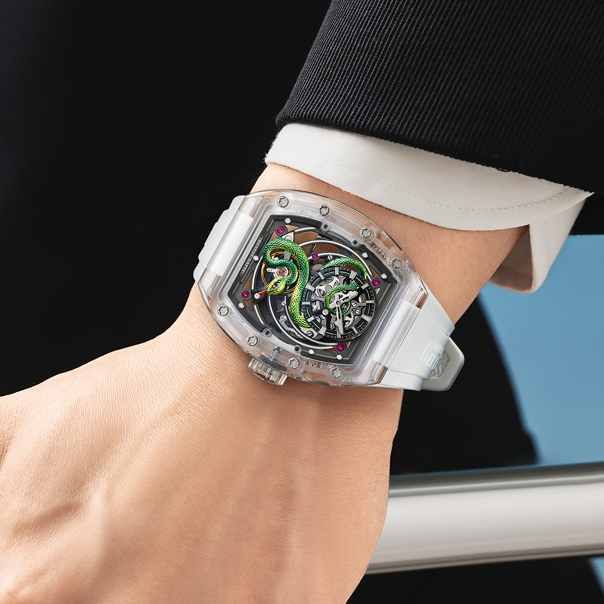 BONEST GATTI Transparent Tonneau Case 3D Snake Dial Skeleton Movement Fluororubber Strap Watch Luminous BG6004