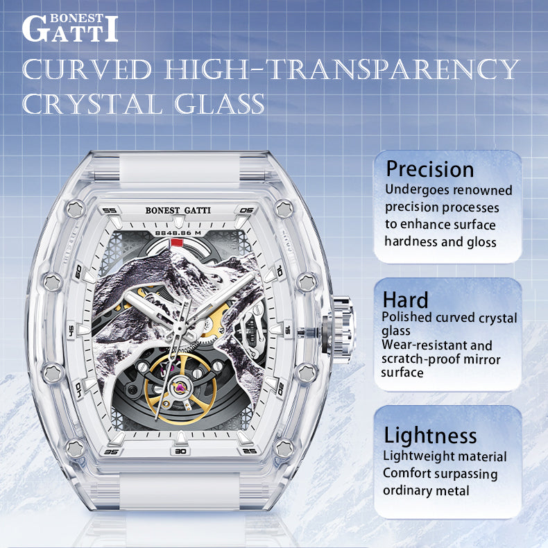 BONEST GATTI Crystal Case 3D MOUNTAIN MOUNTEVEREST Tonneau shaped Skeleton Movement K9 Crystal Case Fluororubber Strap Watch Luminous GB6001