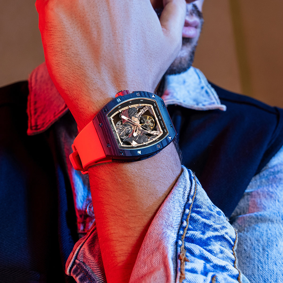 BONEST GATTI Automatic Tonneau Watch Spartan Warrior Series Carbon Fiber Skeleton Self Wind Movement Sapphire Crystal Luminous Watch BG9009