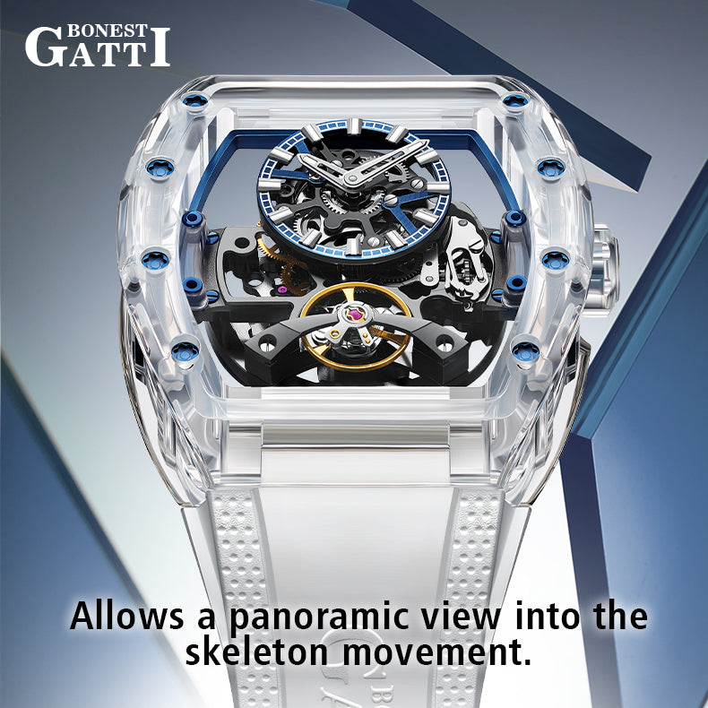 BONEST GATTI Barrel shaped K9 Crystal case Skeleton Movement Fluororubber Strap Watch Luminous BG9960