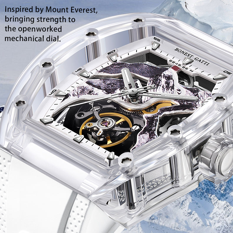 BONEST GATTI Crystal Case 3D MOUNTAIN MOUNTEVEREST Tonneau shaped Skeleton Movement K9 Crystal Case Fluororubber Strap Watch Luminous GB6001