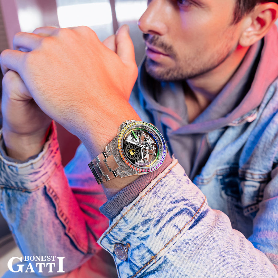 BONEST GATTI Automatic Tourbillon Movement transparent K9 cryatal Case Skeleton Dial Sapphire Crystal Rainbow Bezel K9 CRYATL Bracelet 3ATM Waterproof Luminous BG7002