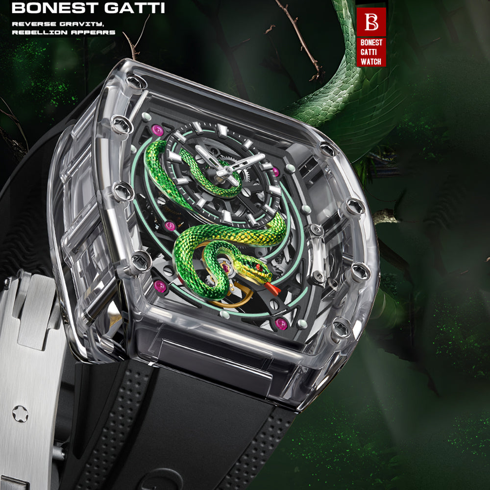 BONEST GATTI Transparent Tonneau Case 3D Snake Dial Skeleton Movement Fluororubber Strap Watch Luminous BG6004