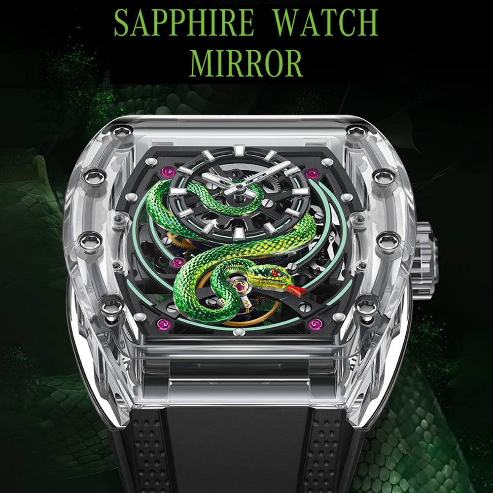BONEST GATTI Transparent Tonneau Case 3D Snake Dial Skeleton Movement Fluororubber Strap Watch Luminous BG6004