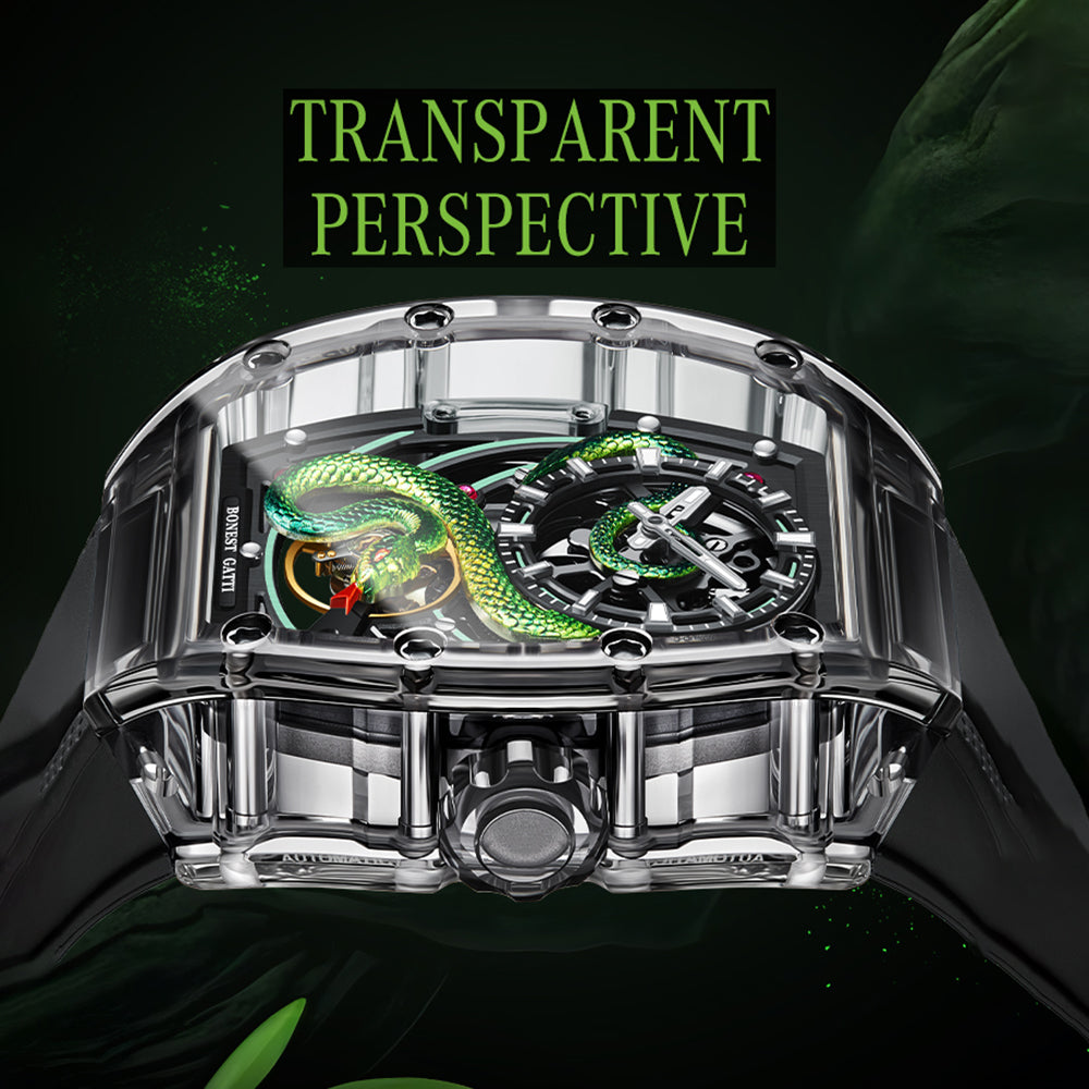 BONEST GATTI Transparent Tonneau Case 3D Snake Dial Skeleton Movement Fluororubber Strap Watch Luminous BG6004