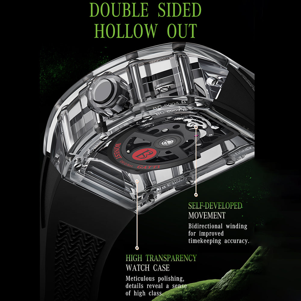 BONEST GATTI Transparent Tonneau Case 3D Snake Dial Skeleton Movement Fluororubber Strap Watch Luminous BG6004