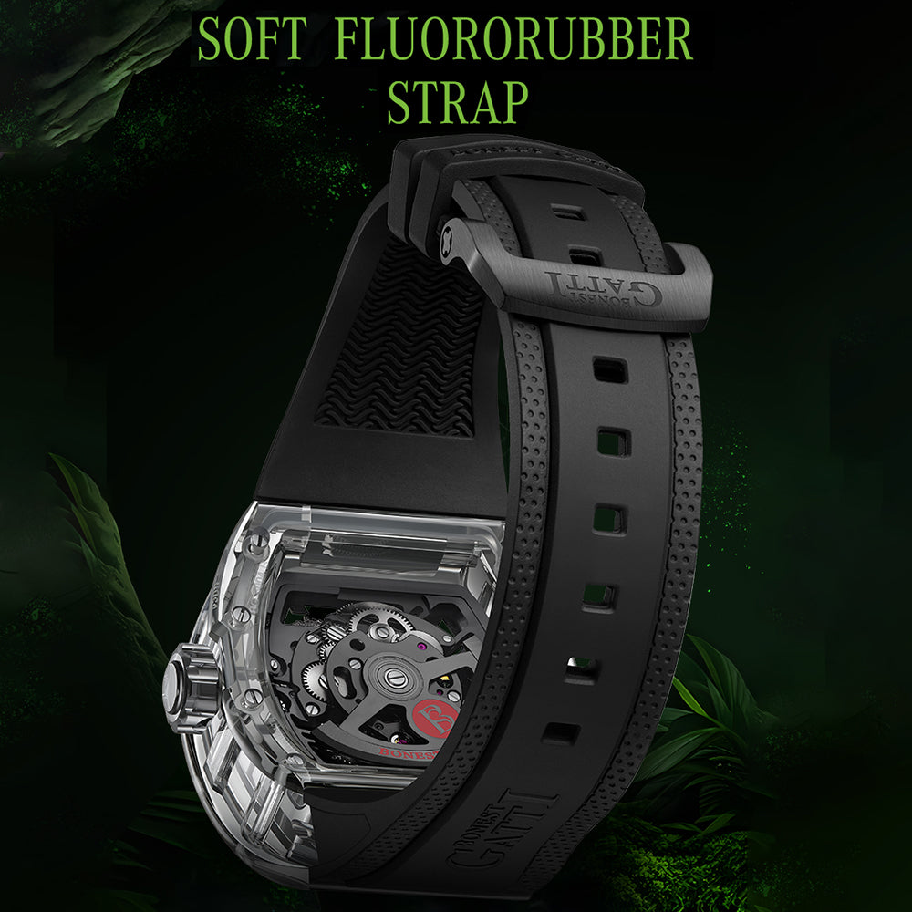 BONEST GATTI Transparent Tonneau Case 3D Snake Dial Skeleton Movement Fluororubber Strap Watch Luminous BG6004
