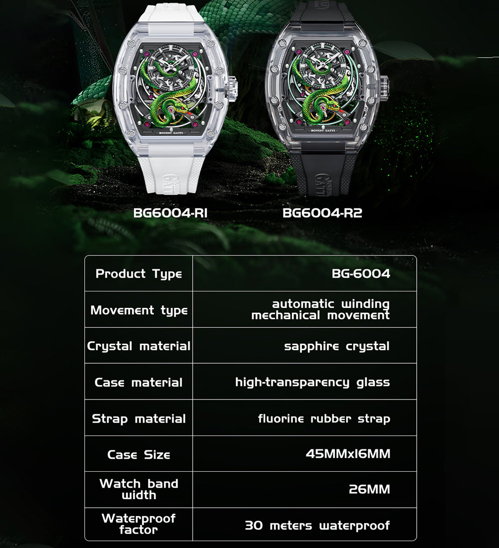 BONEST GATTI Transparent Tonneau Case 3D Snake Dial Skeleton Movement Fluororubber Strap Watch Luminous BG6004