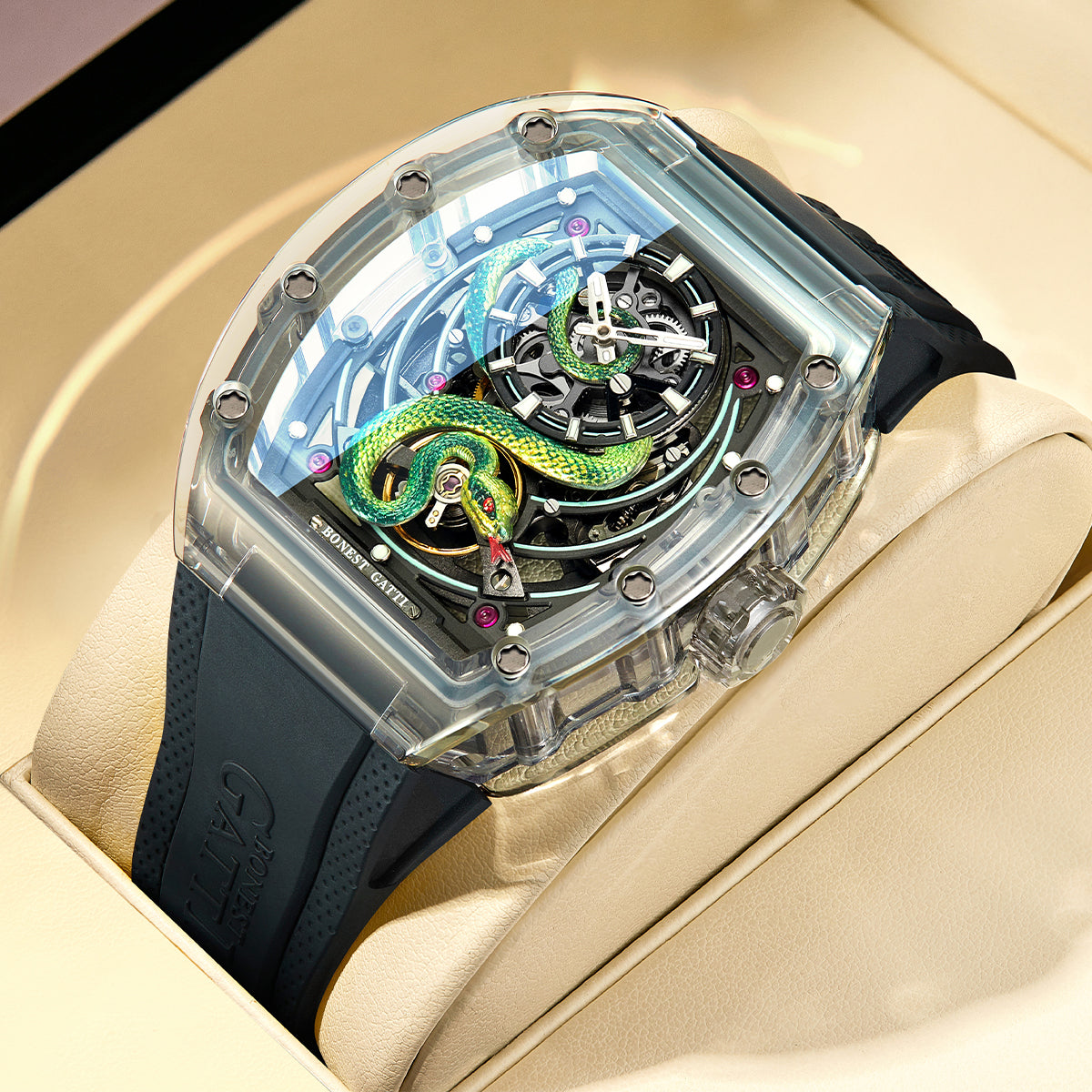 BONEST GATTI Transparent Tonneau Case 3D Snake Dial Skeleton Movement Fluororubber Strap Watch Luminous BG6004