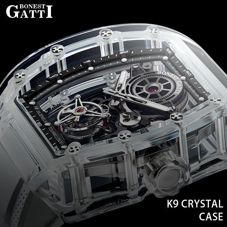 BONEST GATTI Tourbillon K9 Crystal Transparent Case Tonneau watch Skeleton Movement  Watch Fluororubber Strap BG7001