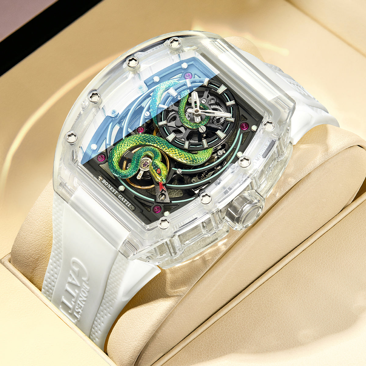BONEST GATTI Transparent Tonneau Case 3D Snake Dial Skeleton Movement Fluororubber Strap Watch Luminous BG6004