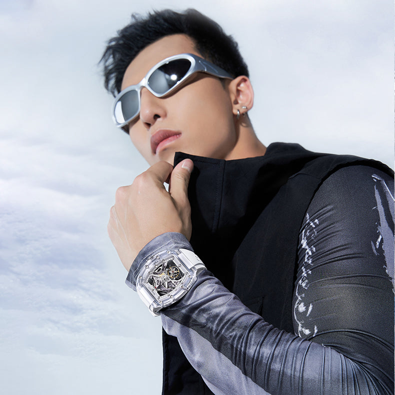 BONEST GATTI Crystal Case 3D MOUNTAIN MOUNTEVEREST Tonneau shaped Skeleton Movement K9 Crystal Case Fluororubber Strap Watch Luminous GB6001
