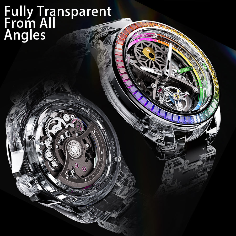 BONEST GATTI Automatic Tourbillon Movement transparent K9 cryatal Case Skeleton Dial Sapphire Crystal Rainbow Bezel K9 CRYATL Bracelet 3ATM Waterproof Luminous BG7002