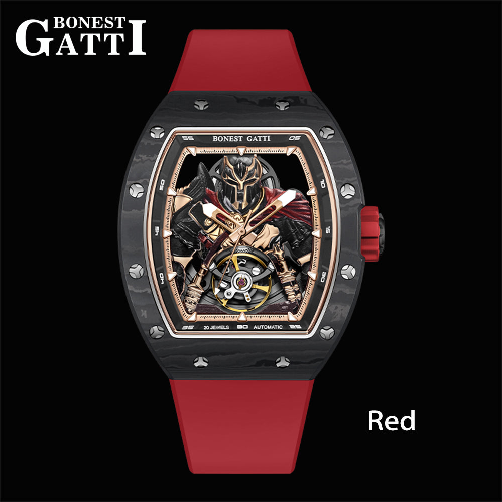 BONEST GATTI Automatic Tonneau Watch Spartan Warrior Series Carbon Fiber Skeleton Self Wind Movement Sapphire Crystal Luminous Watch BG9009