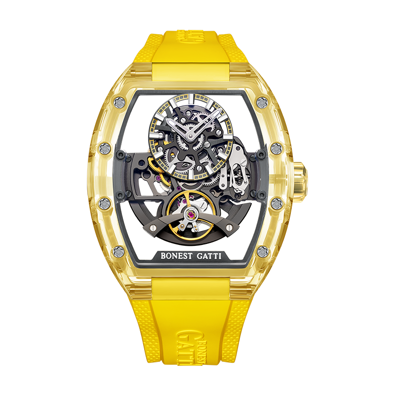 BONEST GATTI Barrel shaped K9 Crystal case Skeleton Movement Fluororubber Strap Watch Luminous BG9960