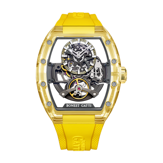 BONEST GATTI Barrel shaped K9 Crystal case Skeleton Movement Fluororubber Strap Watch Luminous BG9960