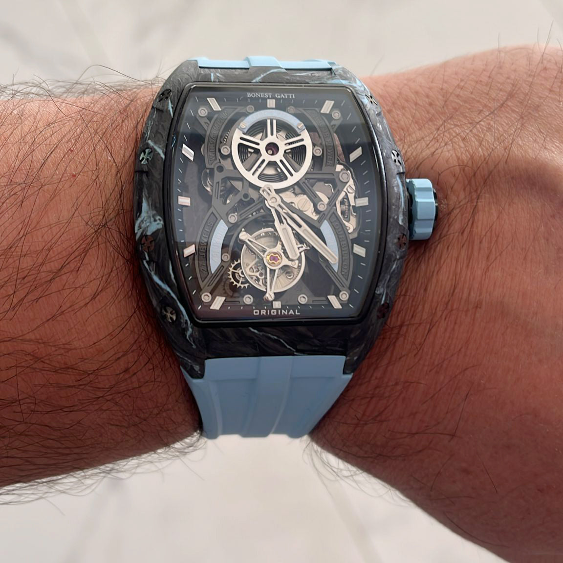 BONEST GATTI Automatic Tourbillon Movement Tonneau Shaped Forged Carbon Fiber Case Sapphire Crystal Fluororubber Strap 3ATM Waterproof Luminous BG9006