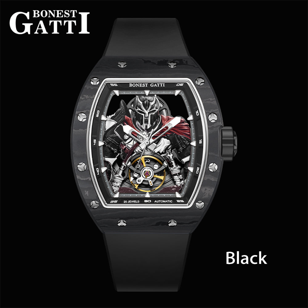 BONEST GATTI Automatic Tonneau Watch Spartan Warrior Series Carbon Fiber Skeleton Self Wind Movement Sapphire Crystal Luminous Watch BG9009