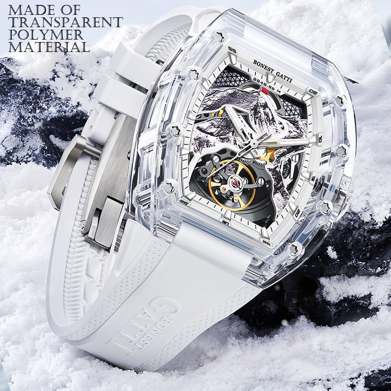 BONEST GATTI Crystal Case 3D MOUNTAIN MOUNTEVEREST Tonneau shaped Skeleton Movement K9 Crystal Case Fluororubber Strap Watch Luminous GB6001