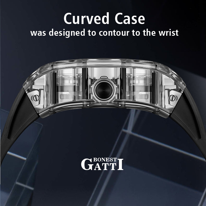 BONEST GATTI Barrel shaped K9 Crystal case Skeleton Movement Fluororubber Strap Watch Luminous BG9960