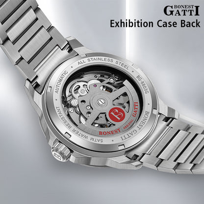 BONEST GATTI  44 Zirconia Stones Bezel Crystal Sapphire Automatic Movement Round Shaped 316L Case Skeleton 5ATM Watch BG8803