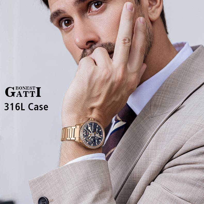 BONEST GATTI 44 Zirconia Stones Bezel Crystal Sapphire Automatic Movement Round Shaped 316L Case Skeleton 5ATM Watch BG8803
