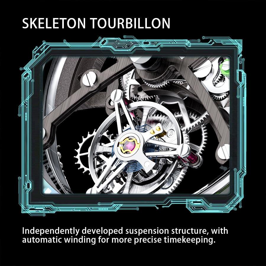 BONEST GATTI Automatic Tourbillon Movement transparent K9 cryatal Case Skeleton Dial Sapphire Crystal Rainbow Bezel K9 CRYATL Bracelet 3ATM Waterproof Luminous BG7002
