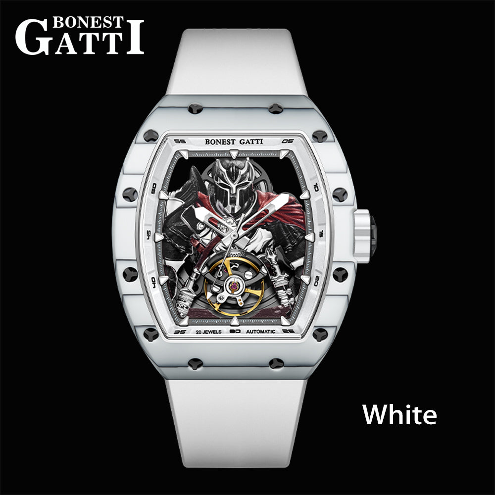 BONEST GATTI Automatic Tonneau Watch Spartan Warrior Series Carbon Fiber Skeleton Self Wind Movement Sapphire Crystal Luminous Watch BG9009